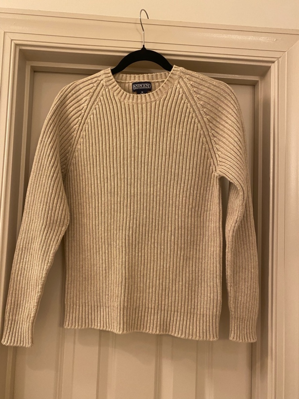 Vintage Lands' End 100% Cotton Cream Ribbed Crewneck Fitted Sweater size 10-12